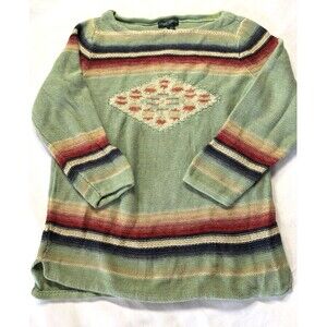 Ralph Lauren Art-to-Wear Western Aztec Linen Knit Sweater Sz Med Green